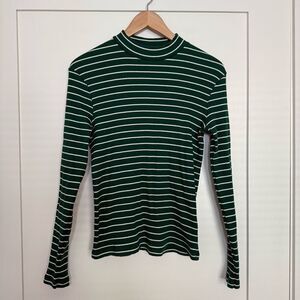 Uniqlo Shirt Womens Sz M Green White Striped Ribbed Long Sleeve Pullover Stretch